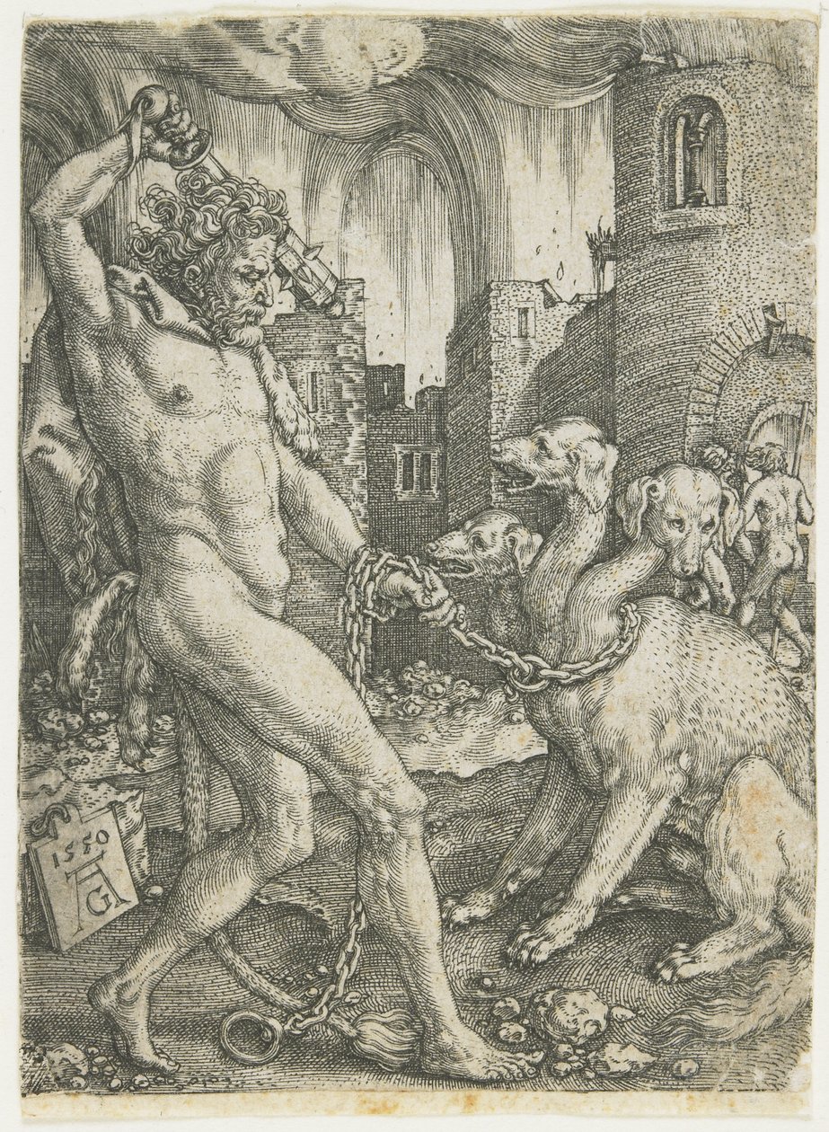 Hercules Chains Cerberus, 1550 autorstwa Heinrich Aldegrever