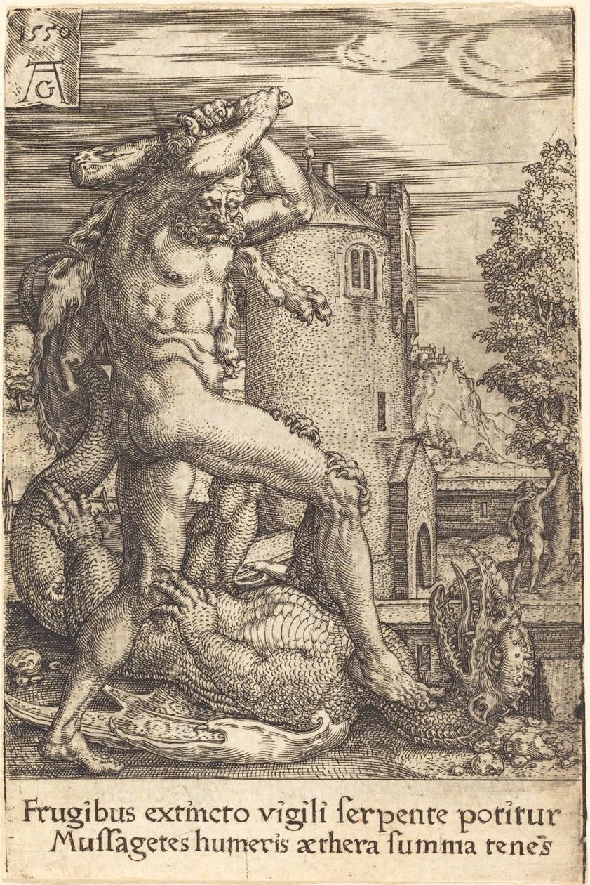 Herkules zabija smoka, 1550. autorstwa Heinrich Aldegrever