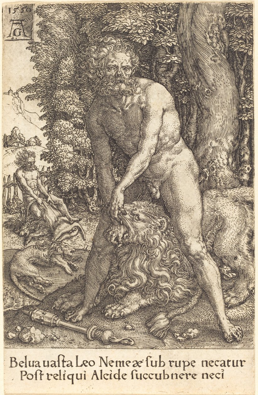 Herkules zabija lwa z Nemei, 1550. autorstwa Heinrich Aldegrever