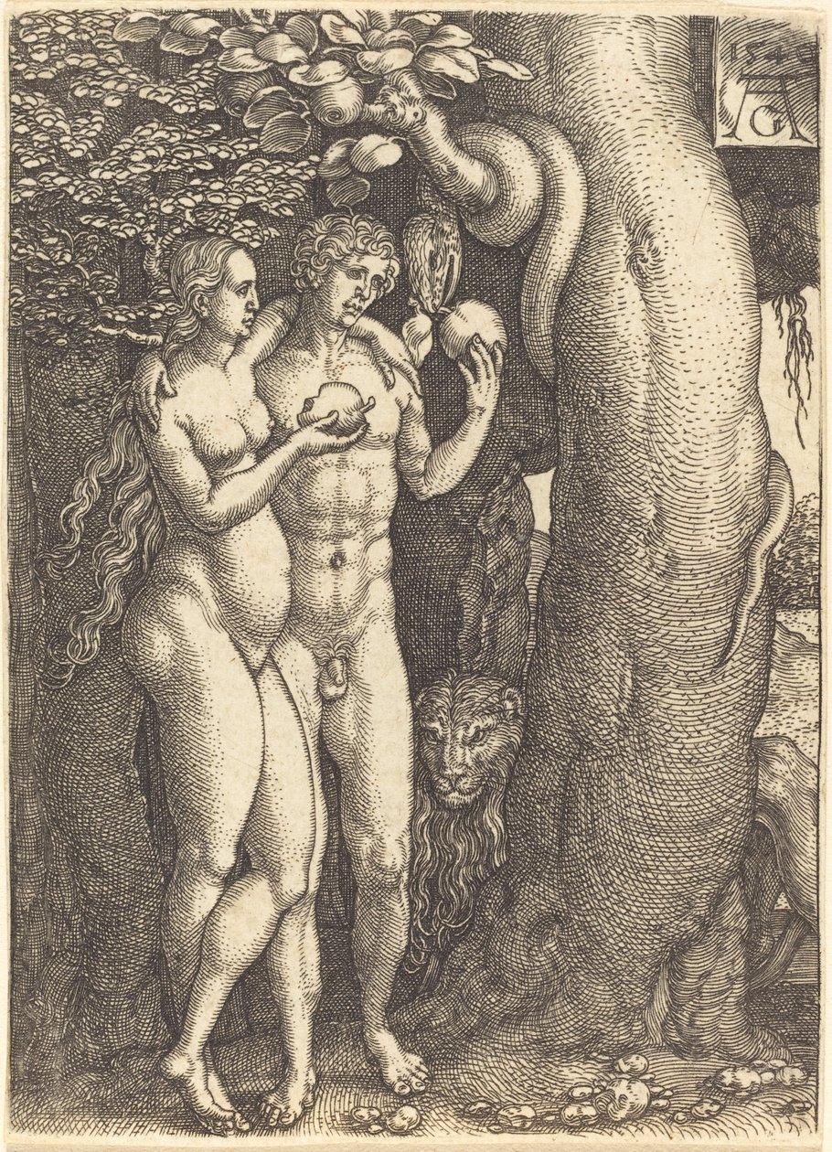 Kuszenie przez węża, 1540. autorstwa Heinrich Aldegrever