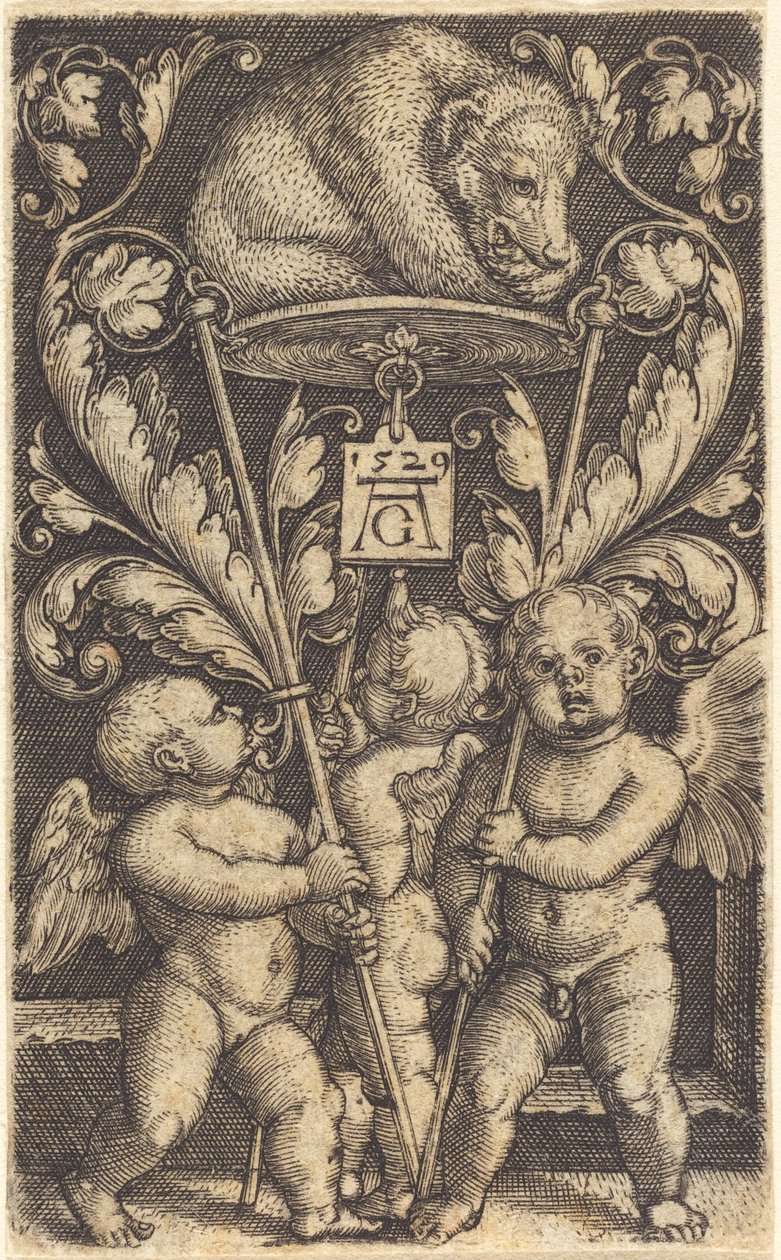 Trzy amorki i niedźwiedź, 1529. autorstwa Heinrich Aldegrever