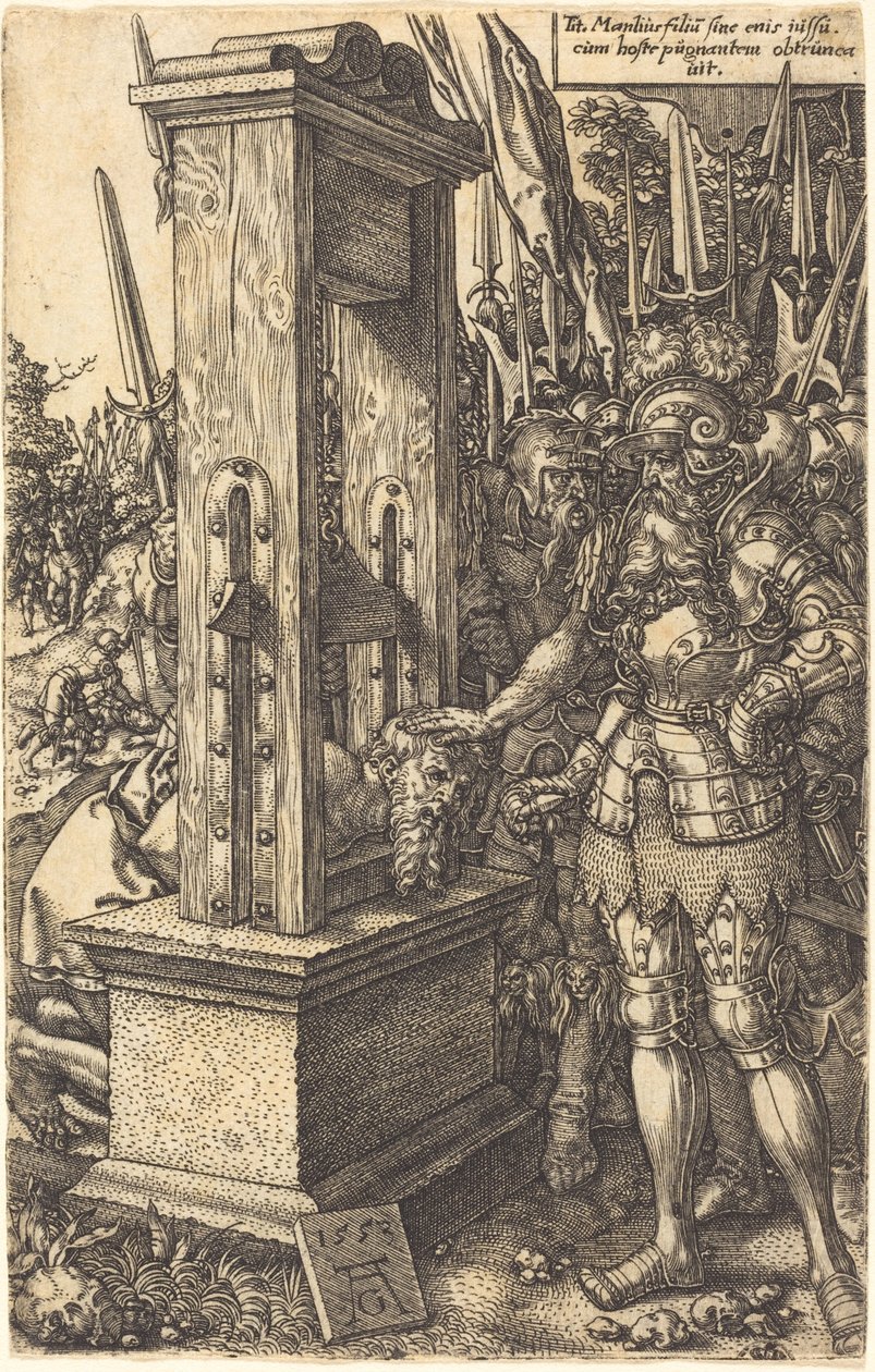 Tytus Manliusz ścinający głowę swojemu synowi, 1553. autorstwa Heinrich Aldegrever