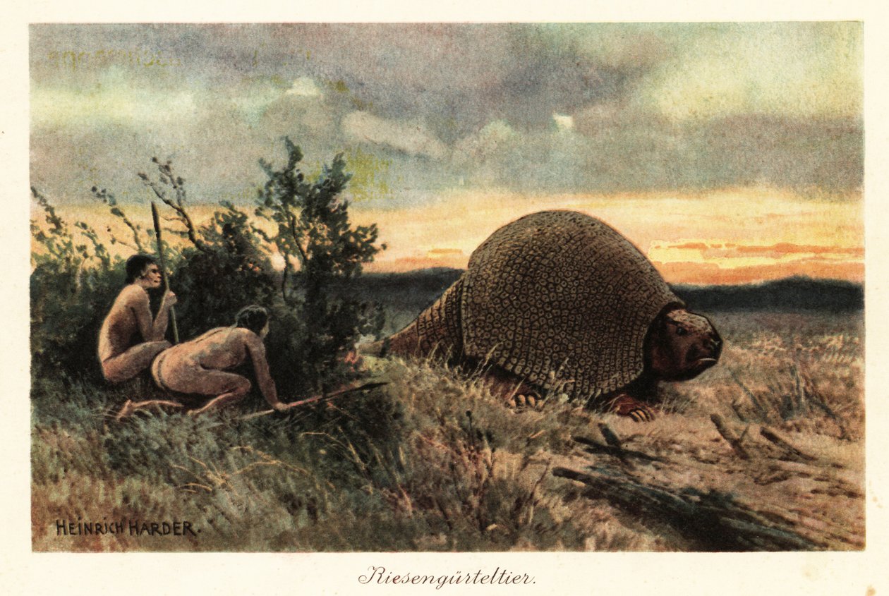 Prymitywni ludzie z włóczniami polujący na glyptodon. autorstwa Heinrich Harder