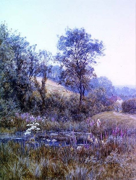 Zbieranie kwiatów nad stawem autorstwa Helen Allingham