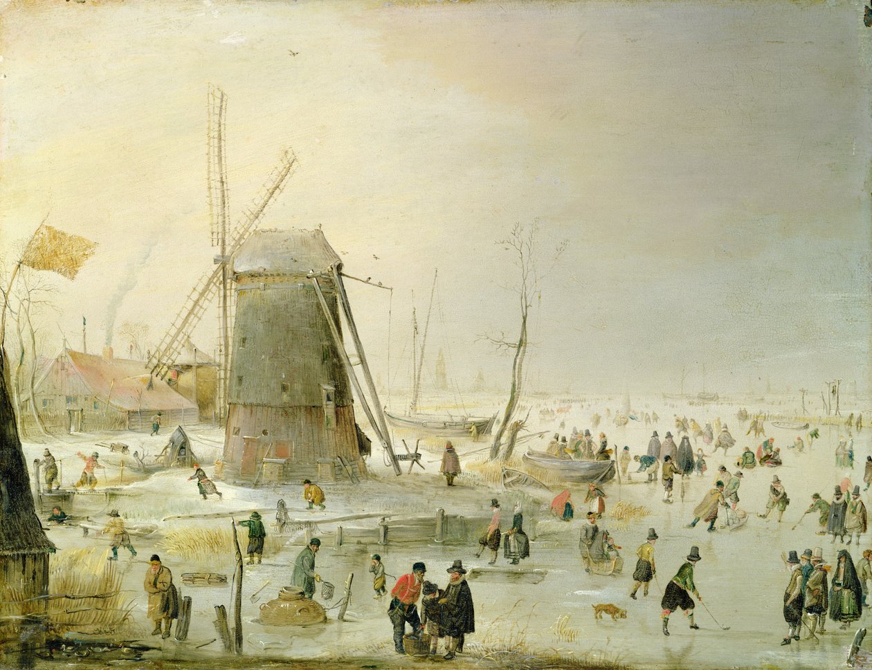Zimowa scena z łyżwiarzami przy wiatraku autorstwa Hendrick Avercamp