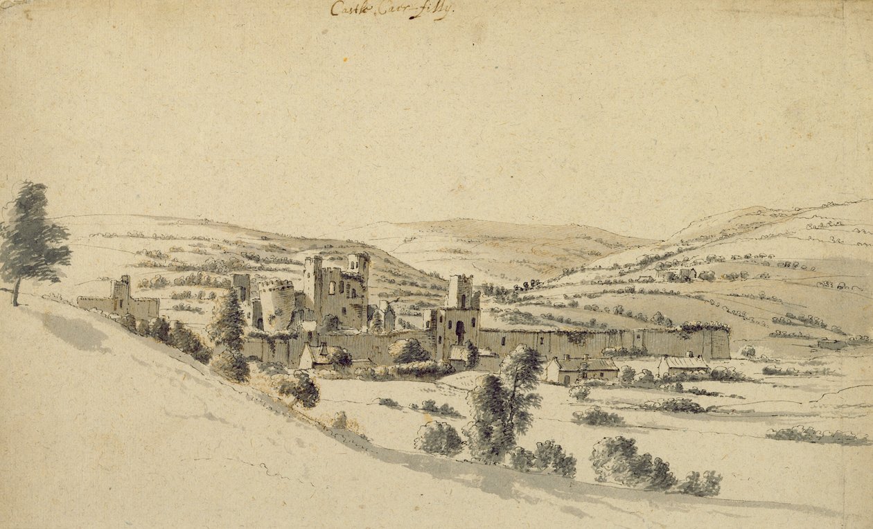 Zamek Caerphilly (pióro, tusz i pranie na papierze) autorstwa Hendrick Danckerts