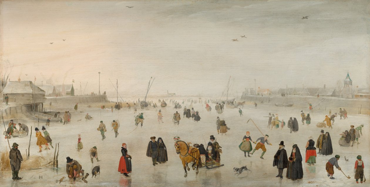 Scena na lodzie, ok. godz. 1625. autorstwa Hendrick Avercamp