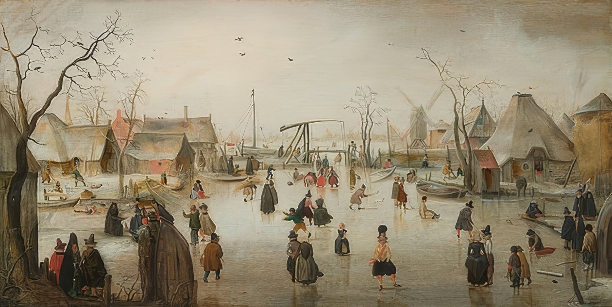 Jazda na łyżwach w mieście. Około 1610 r. autorstwa Hendrick Avercamp