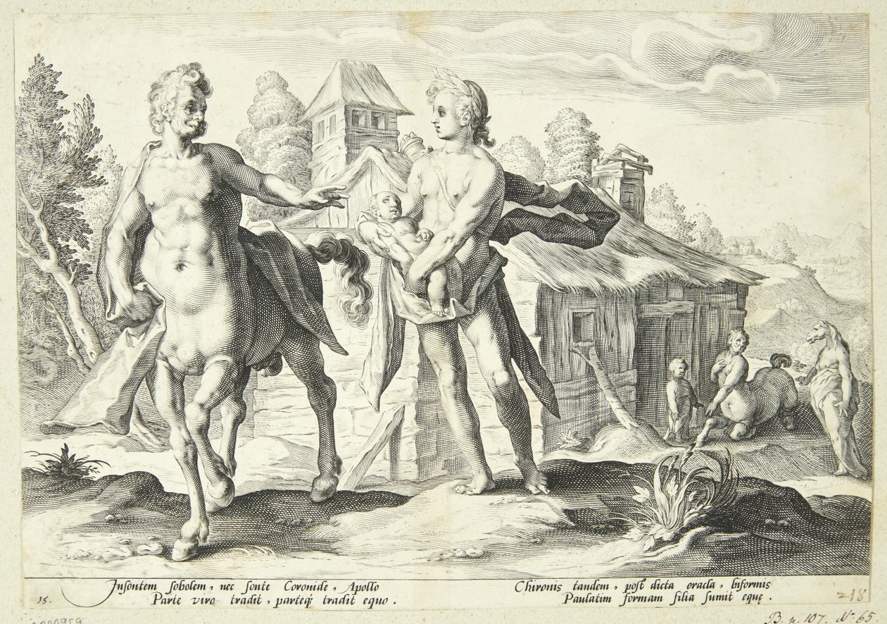 Apollo powierza Cheironowi edukację Asklepiosa autorstwa Hendrick Goltzius
