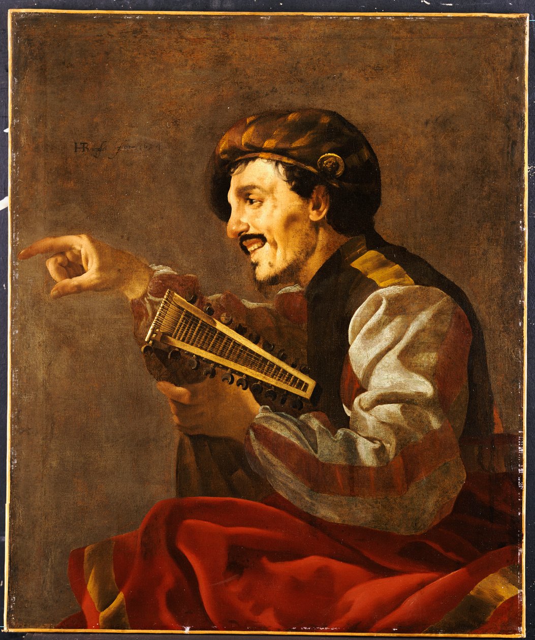 Siedzący lutanista wskazujący autorstwa Hendrick ter Brugghen
