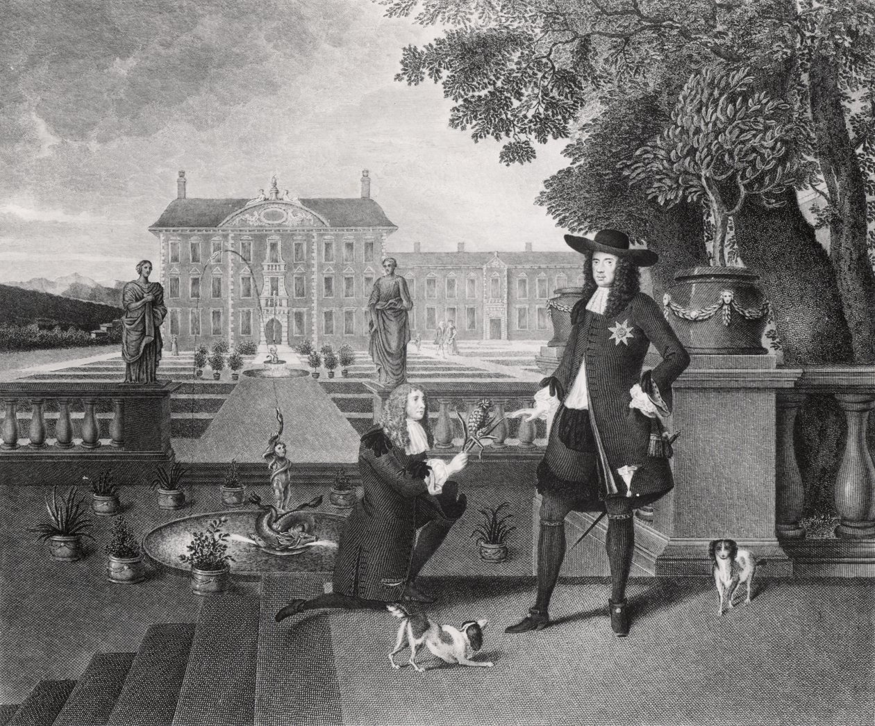 John Rose (ok. 1621-77) ogrodnik królewski, przedstawiający Karolowi II (1630-85) pierwszego ananasa uprawianego w Anglii, w Dorney Court, ok. 1670 autorstwa Hendrick Danckerts