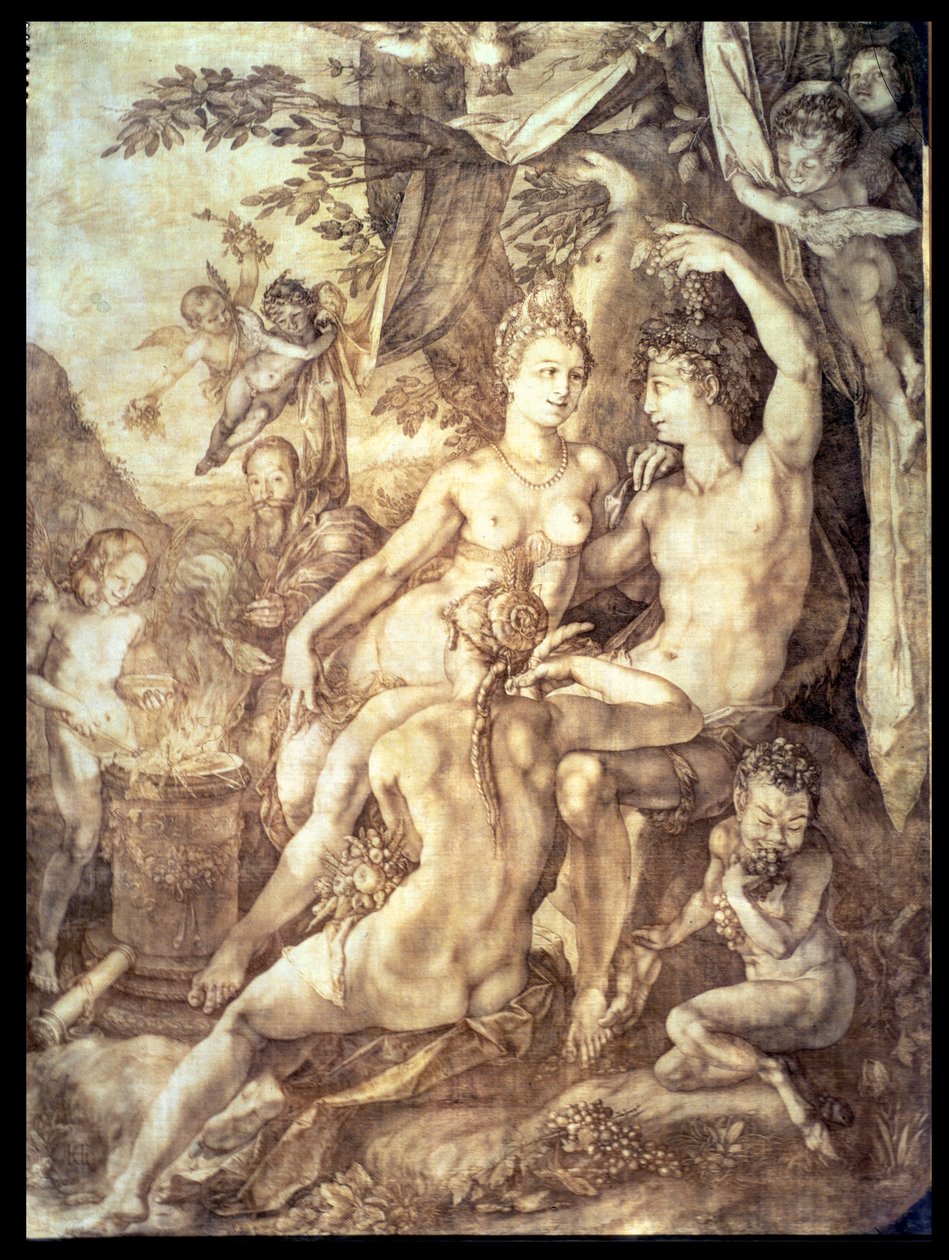 Bachus, Wenus i Ceres, c.1606 (pióro i brązowy atrament) autorstwa Hendrik Goltzius