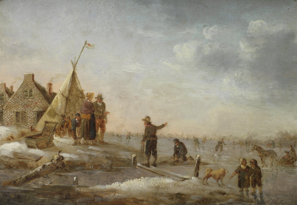 Zimowy krajobraz z figurami jeżdżącymi na łyżwach przed wioską autorstwa Hendrik Willem Schweickhardt