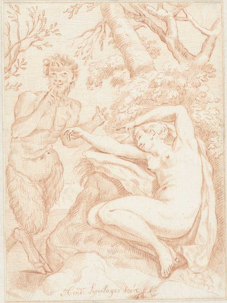Satyr szpieguje jedną śpiącą nimfę autorstwa Hendrik Lijnslager