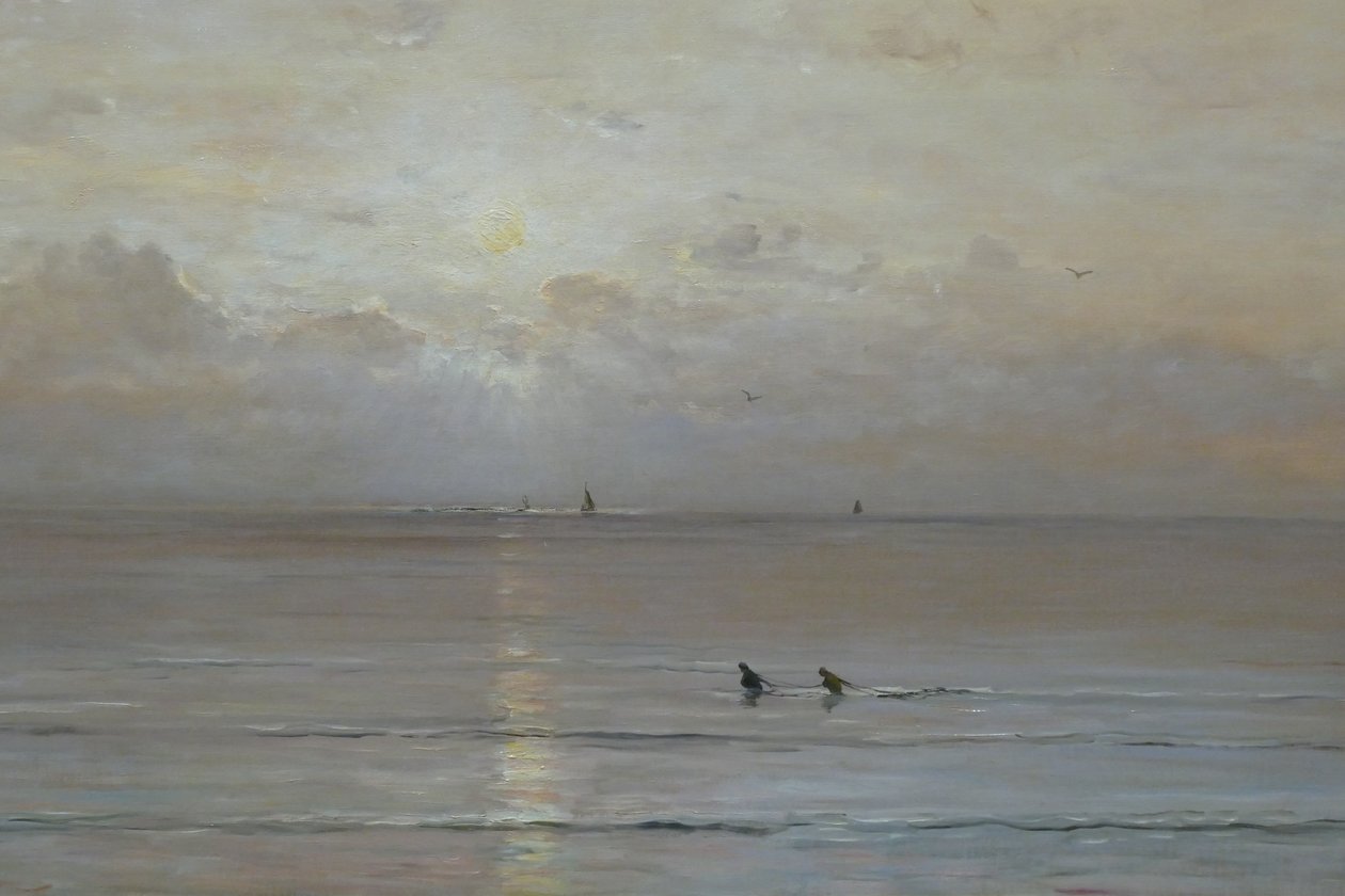 Holenderski: Zachód słońca z poławiaczami krewetek autorstwa Hendrik Willem Mesdag