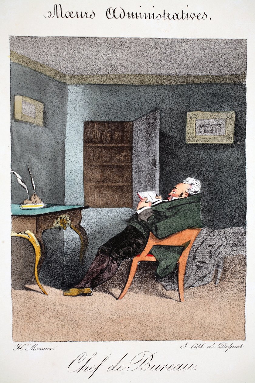 Kierownik biura, ilustracja z „Mores Administratives, Dessinées według natury” Henri Monniera, litografia Delpech, wyd. Paryż, ok.1828 (ręcznie kolorowana lito) autorstwa Henri Bonaventure Monnier