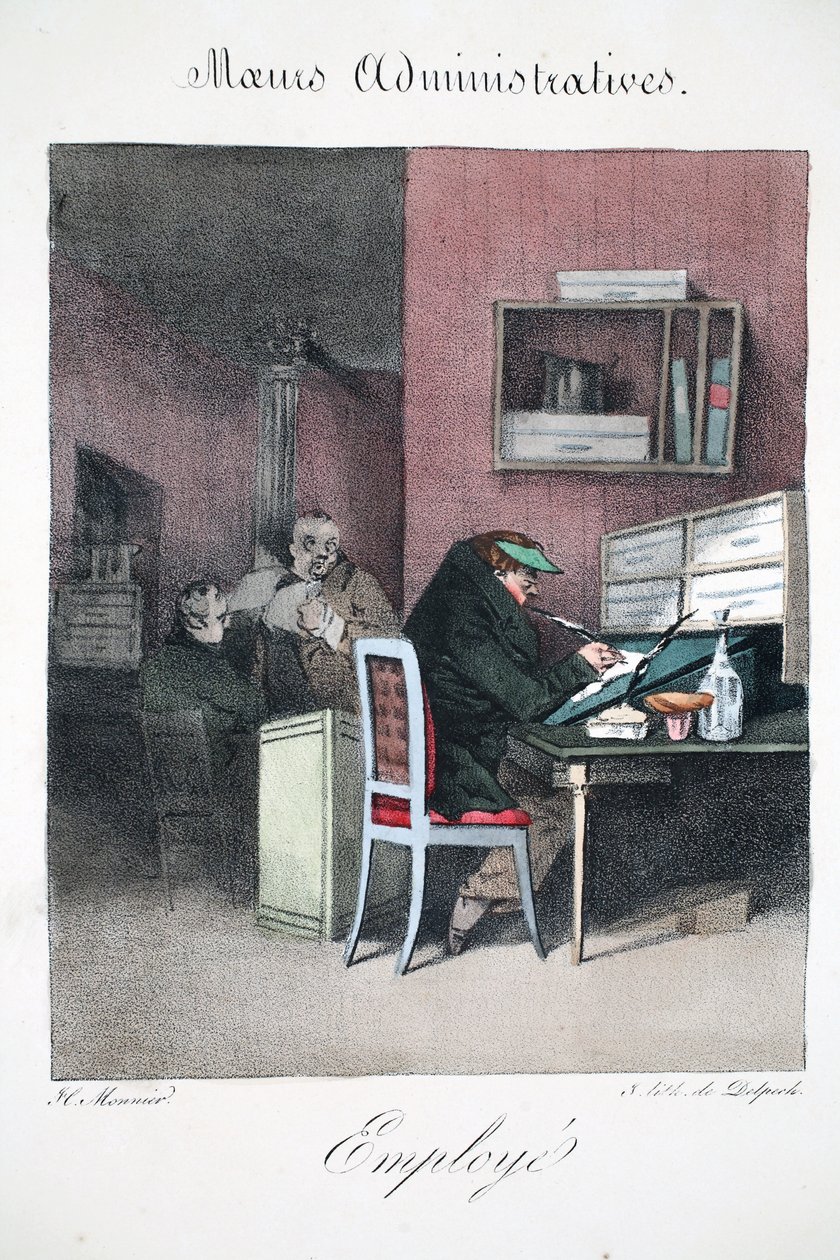 Pracownik, ilustracja z „Mores Administratives, Dessinées według natury” Henri Monniera, litografia Delpech, wyd. Paryż, ok.1828 (ręcznie kolorowana lito) autorstwa Henri Bonaventure Monnier