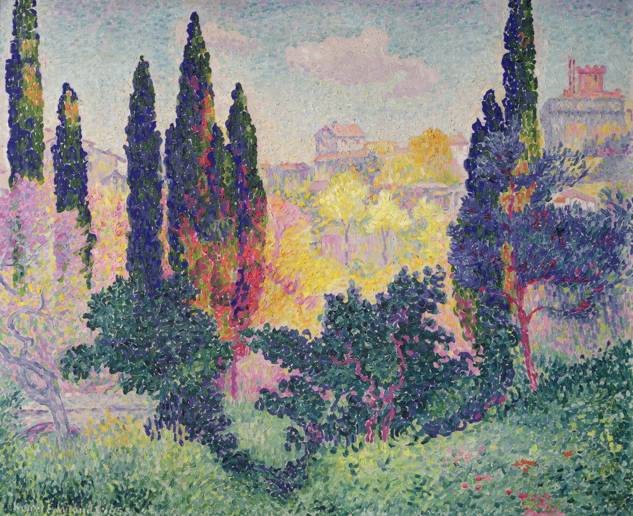 Cyprysy w Cagnes, 1908 autorstwa Henri Edmond Cross