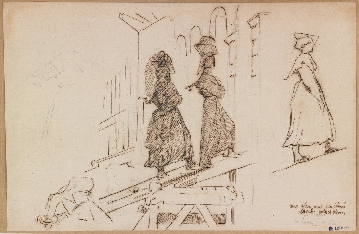 Women Carrying Mortar (pióro i brązowy tusz i wash na graficie) autorstwa Henri Lehmann