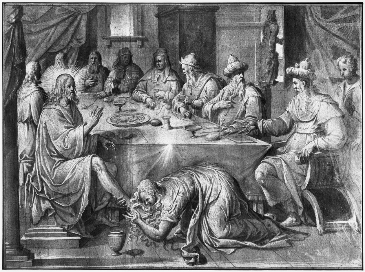 Życie Chrystusa, posiłek w domu Szymona faryzeusza, studium przygotowawcze do rysowania gobelinu dla kościoła Saint-Merri w Paryżu, ok. 1585-90 (pierre noire und wash und white highlights na papierze) autorstwa Henri Lerambert