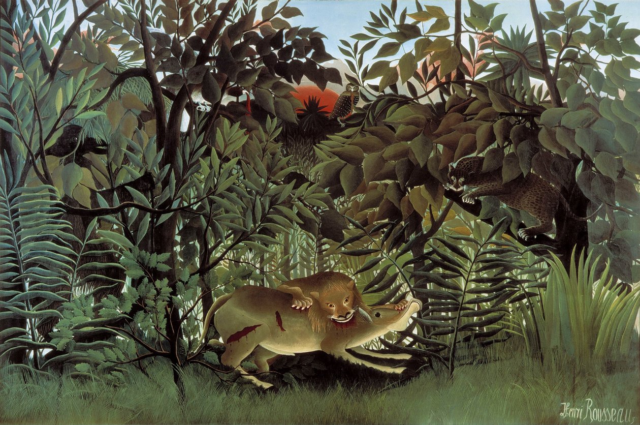 Głodny lew atakujący antylopę autorstwa Henri Rousseau