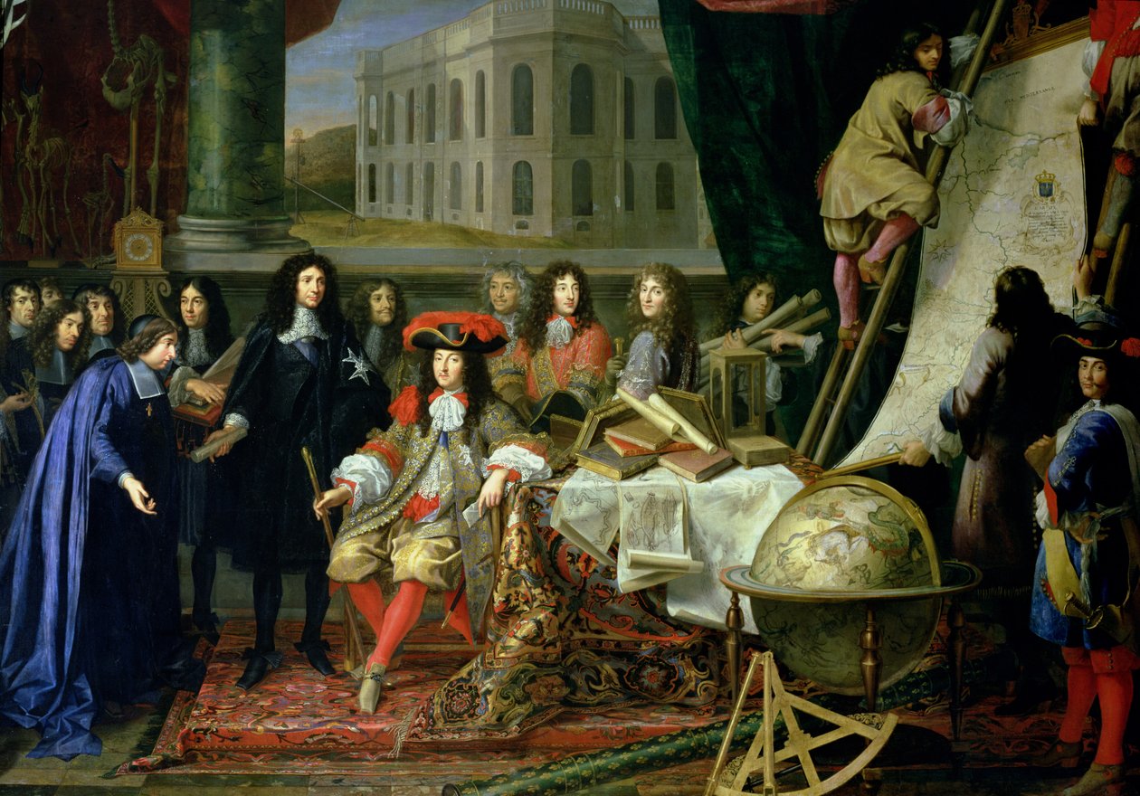 Jean-Baptiste Colbert (1619-83) Przedstawienie członków Królewskiej Akademii Nauk Ludwikowi XIV (1638-1715) ok. 1667 (szczegół) (patrz także 104626) autorstwa Henri Testelin