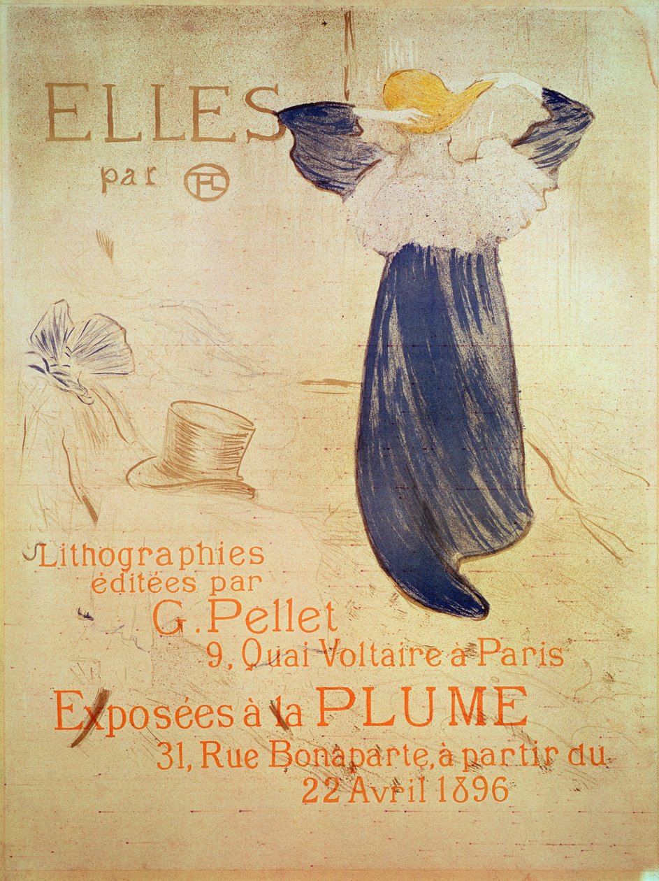 Frontyspis „Elles” na wystawę 1896 w La Plume, 31 rue Bonaparte, Paryż od 22 kwietnia. Editions G Pellet, 9 quai Voltaire, Paryż, 1896 (Lithografia kredka, pędzel i rozpryski wydrukowana in fou autorstwa Henri de Toulouse Lautrec