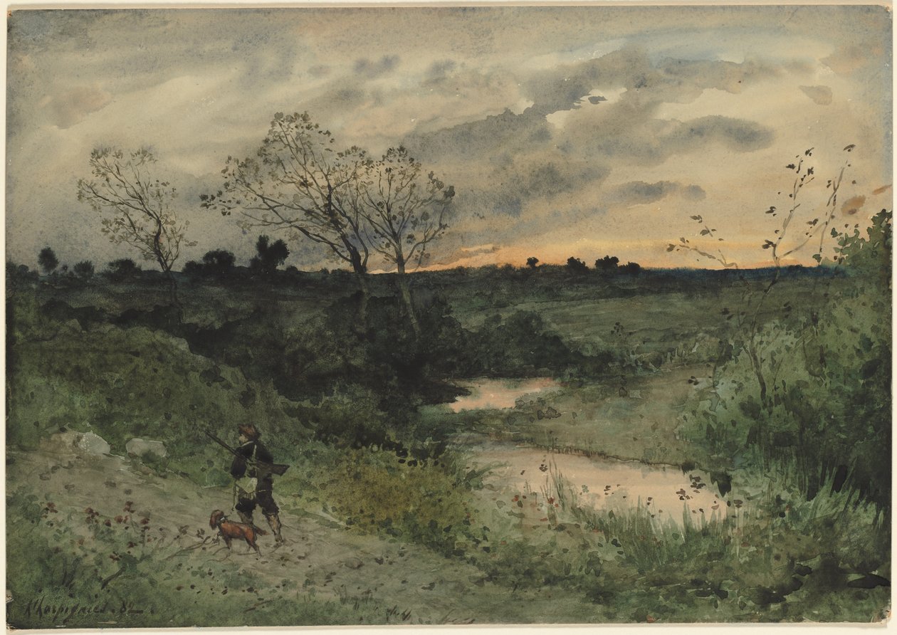 Świt — Łowca z psem, 1882. autorstwa Henri Joseph Harpignies