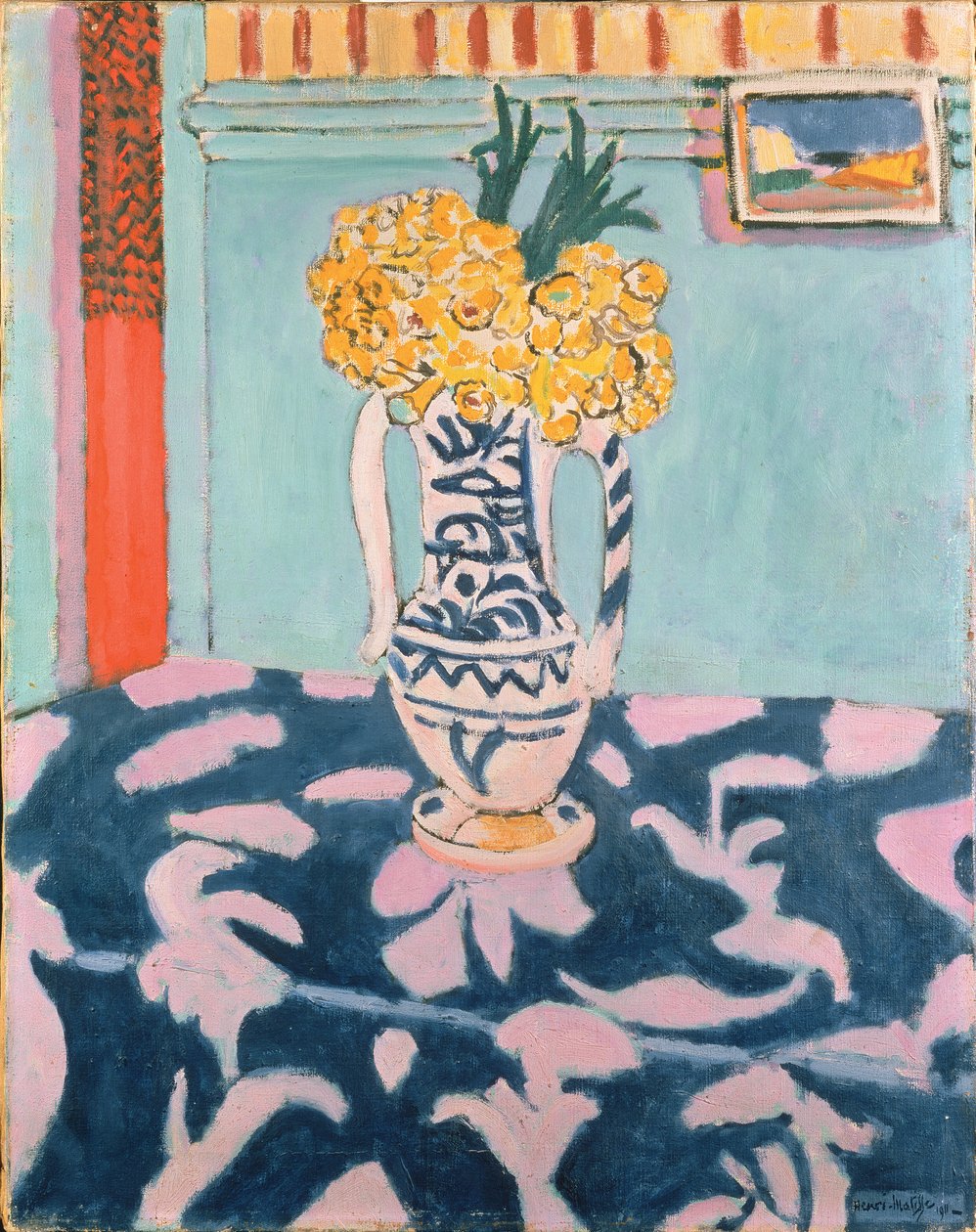Cowslips na niebieskim i różowym materiale autorstwa Henri Matisse