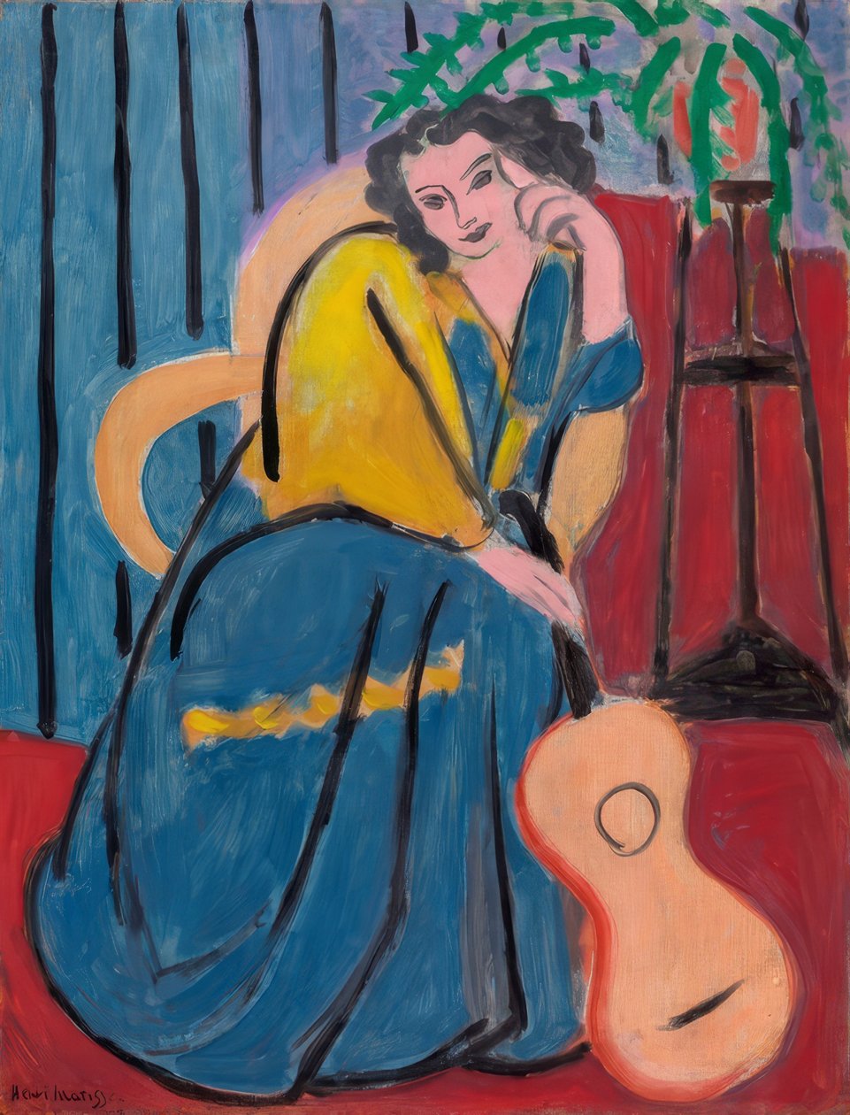Dziewczyna w żółtym i niebieskim z gitarą autorstwa Henri Matisse