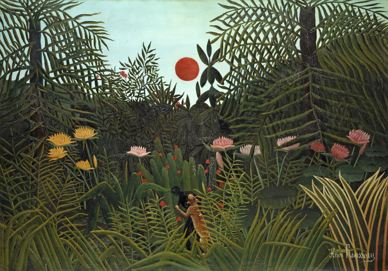 Czarna osoba zaatakowana przez jaguara, 1910 r autorstwa Henri Rousseau