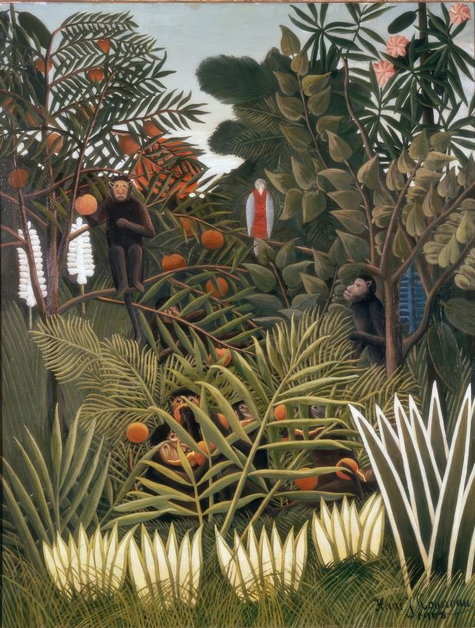 Egzotyczny krajobraz z małpami i papugą autorstwa Henri Rousseau