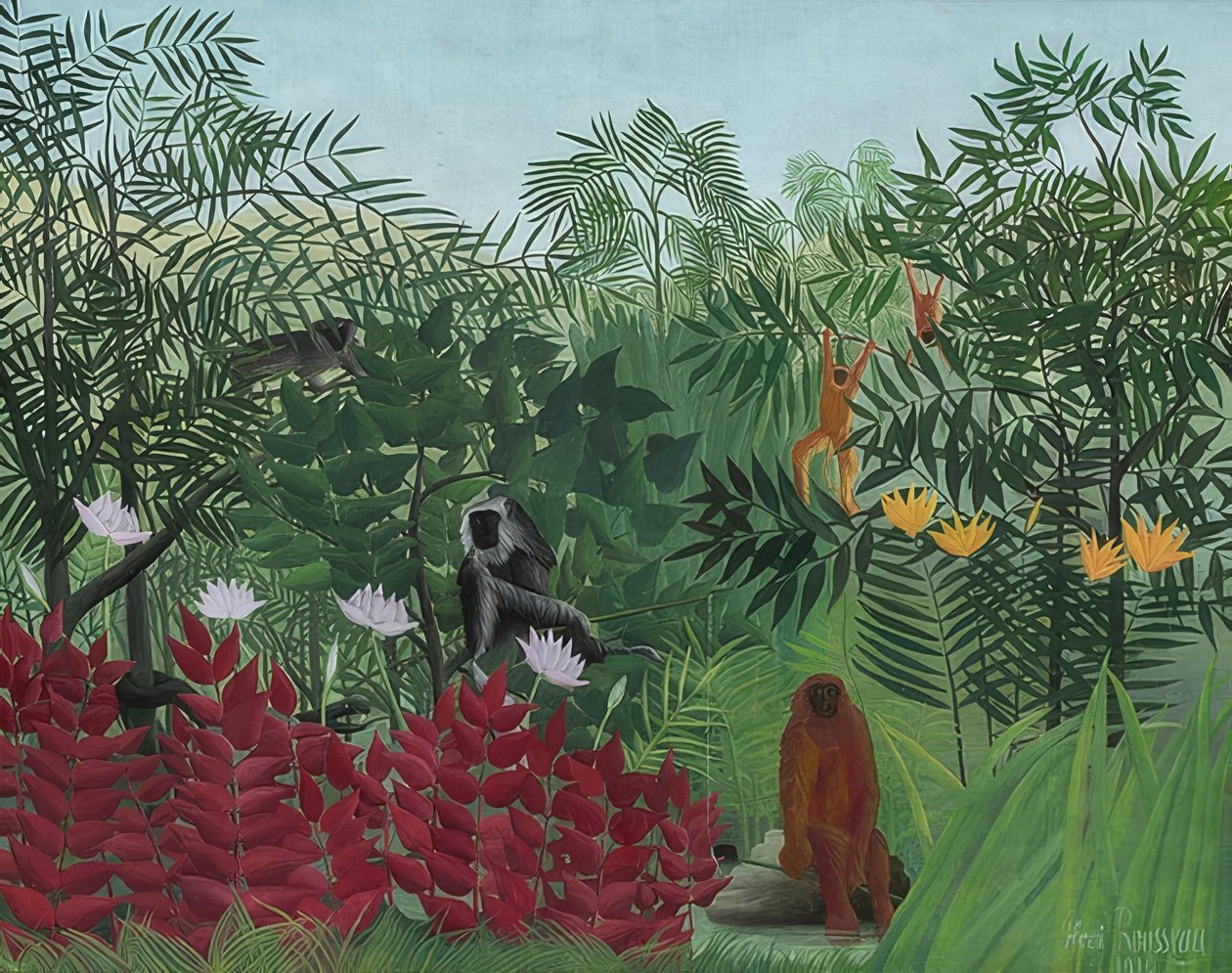 Las deszczowy z małpami. 1910 autorstwa Henri Rousseau