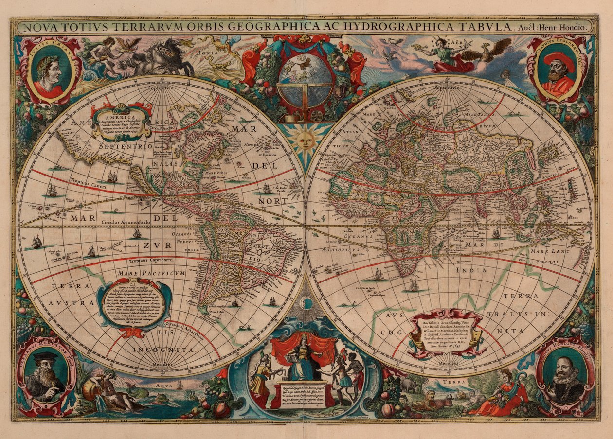 Nowa mapa świata i mapa hydrograficzna autorstwa Henricus Hondius II