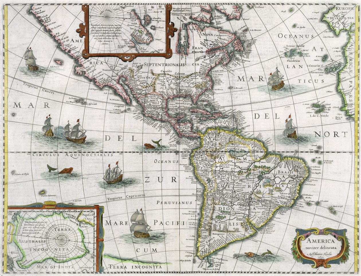 Mapa Ameryk, 1631 autorstwa Henricus Hondius II