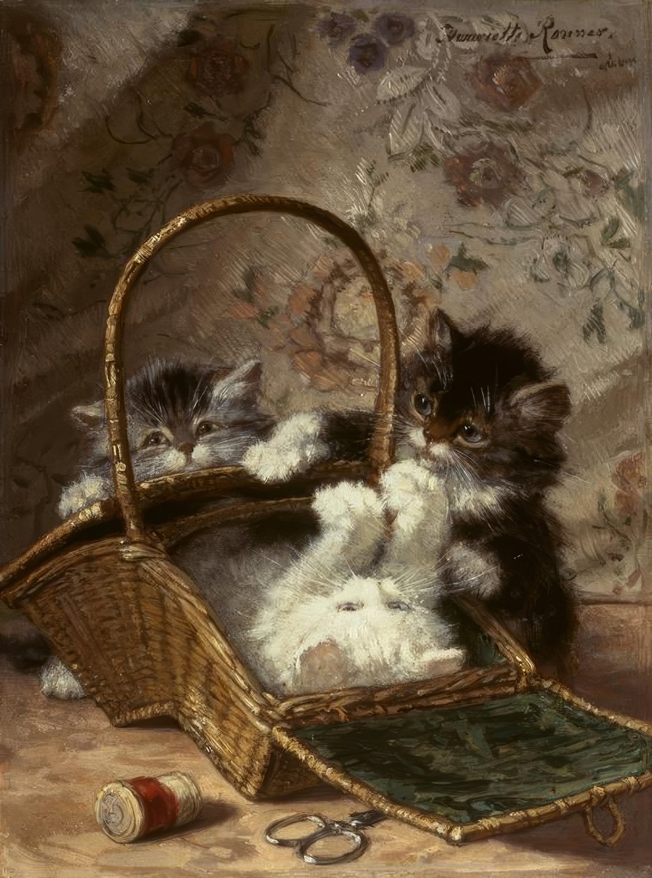 Młode koty z koszem do szycia autorstwa Henriëtte Ronner Knip
