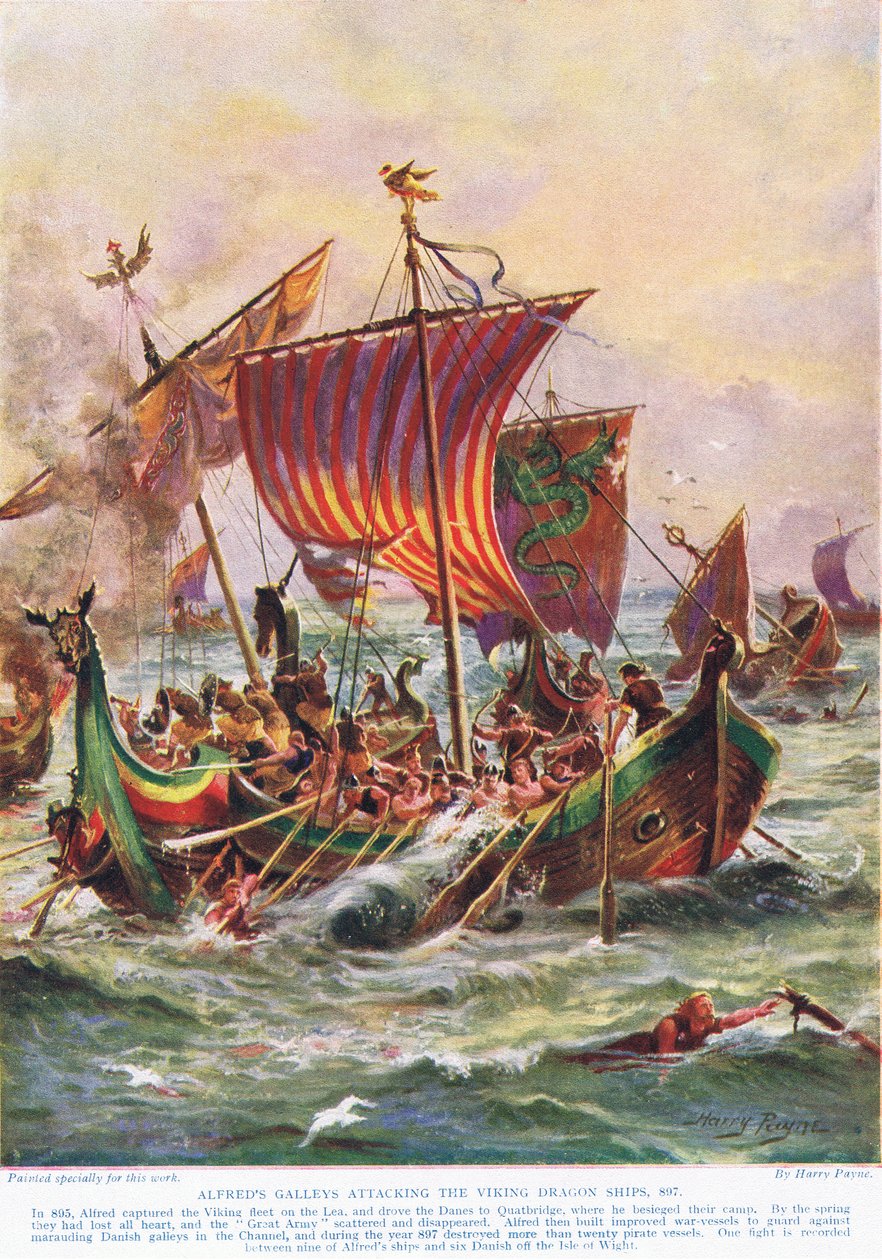 Galery Alfreda atakujące statki Viking Dragon, 897 AD, ilustracja z „Hutchison