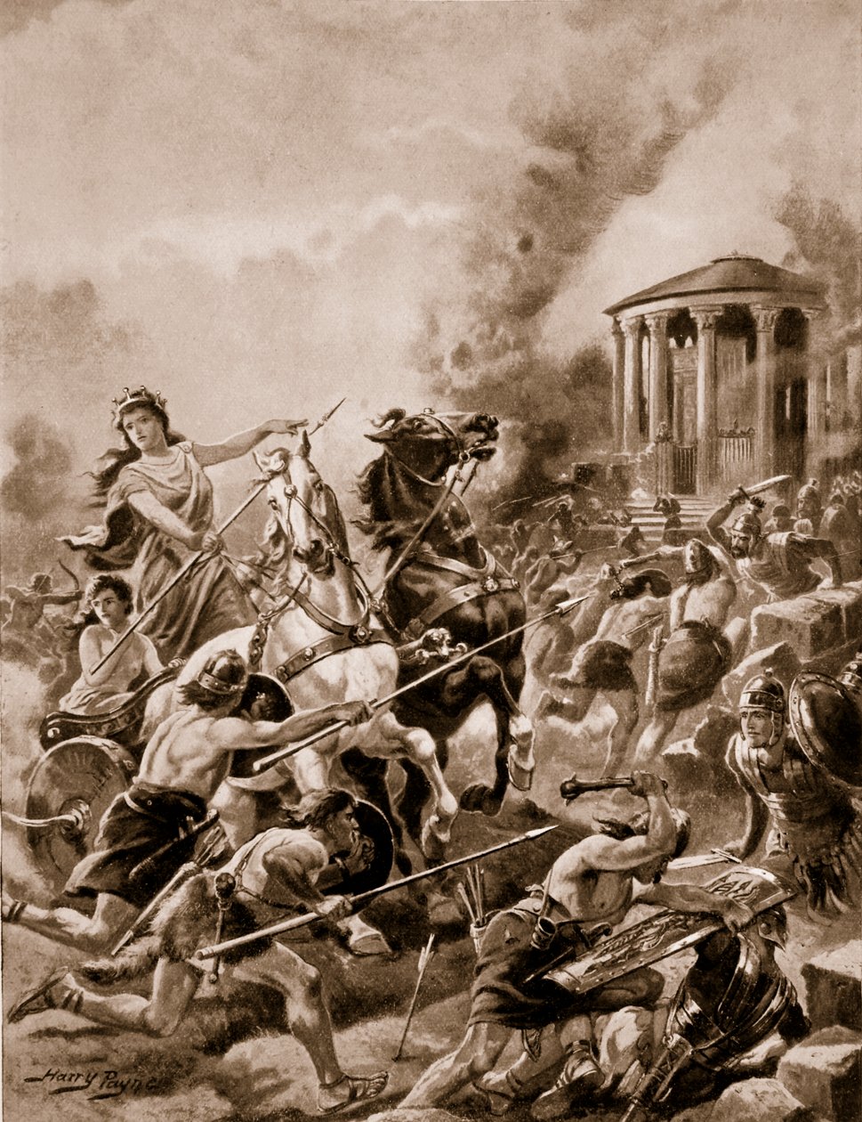 Atak Boadicei na Camulodunum, 60AD, ilustracja z „Historii narodu” autorstwa Henry A. Payne