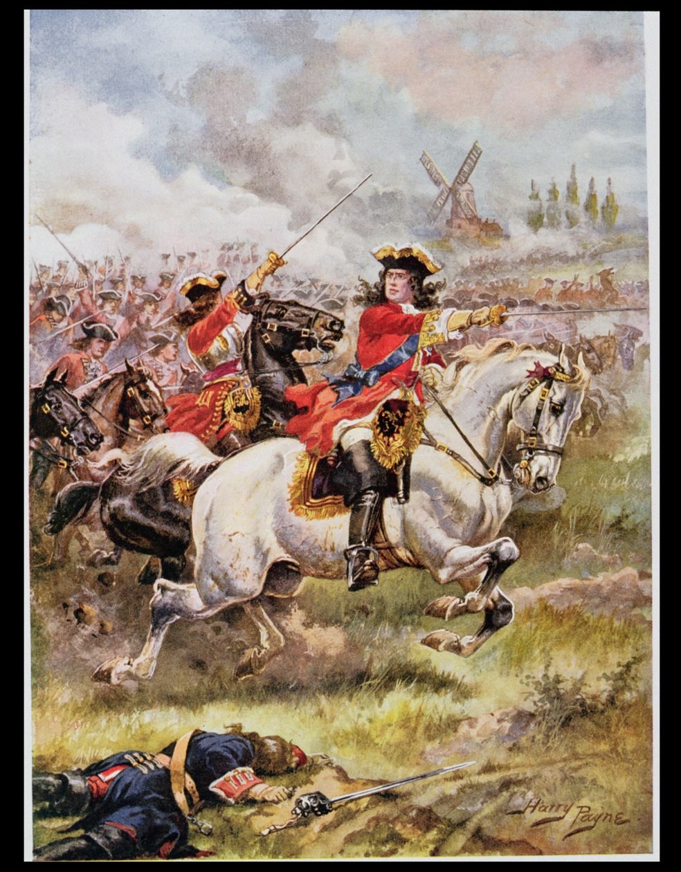 Marlborough prowadzący atak, ilustracja z „Glorious Battles of English History” majora C.H. Wylly, lata 20. XX wieku autorstwa Henry A. Payne