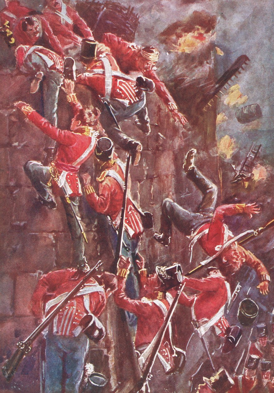 5 Dywizja szturmuje eskaladą wały San Vincente podczas zdobywania Badajoz, ilustracja z "British Battles on Land and Sea", wydana przez Cassell, Londyn, ok. 1910 r. autorstwa Henry A. Payne