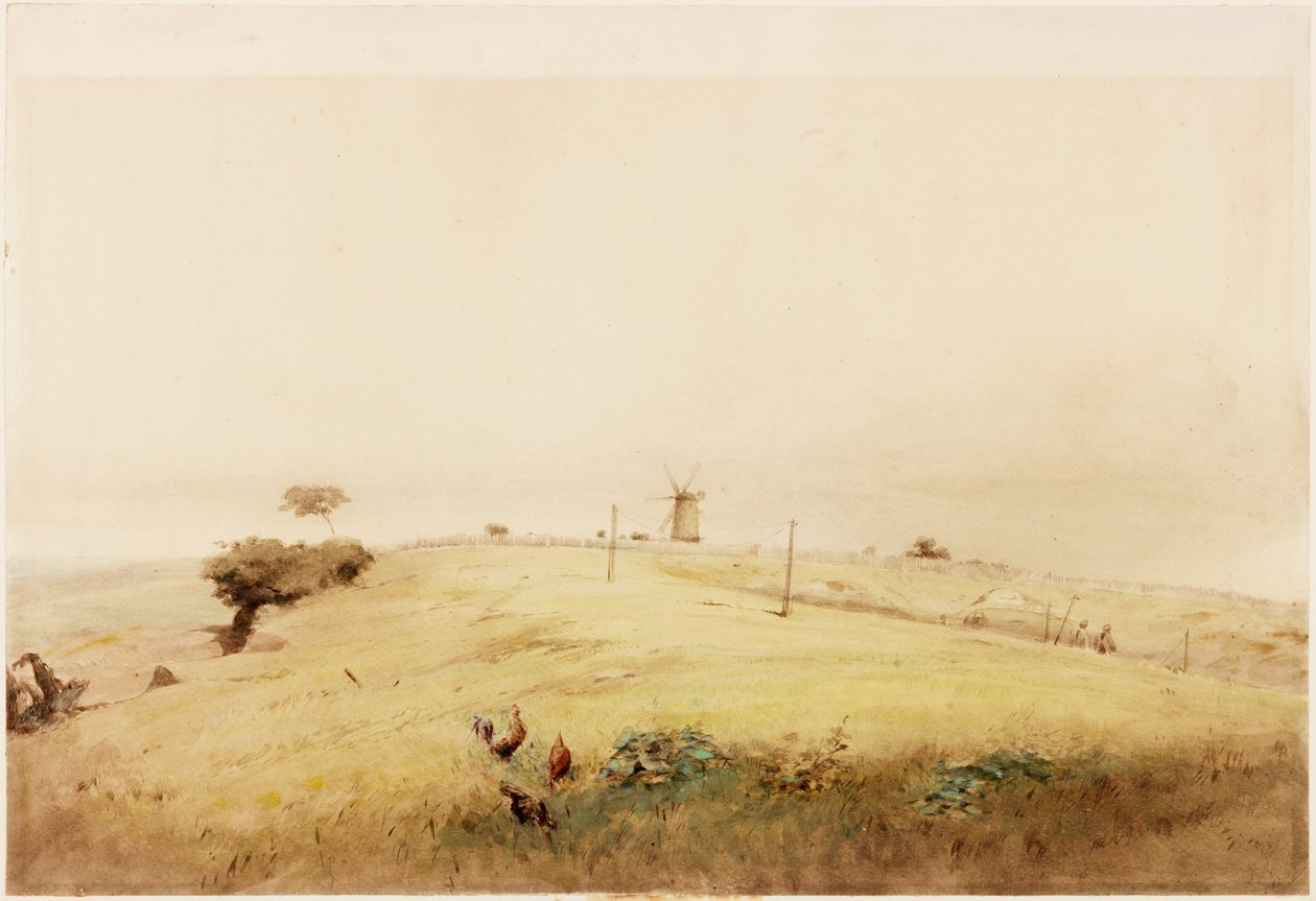 Jeden z Aggers of the Vallum, na szczycie Westgate Road, Newcastle, jak wyglądał w 1848 roku (ołówek i akwarela na papierze (naklejona na kartę) autorstwa Henry Burdon Richardson