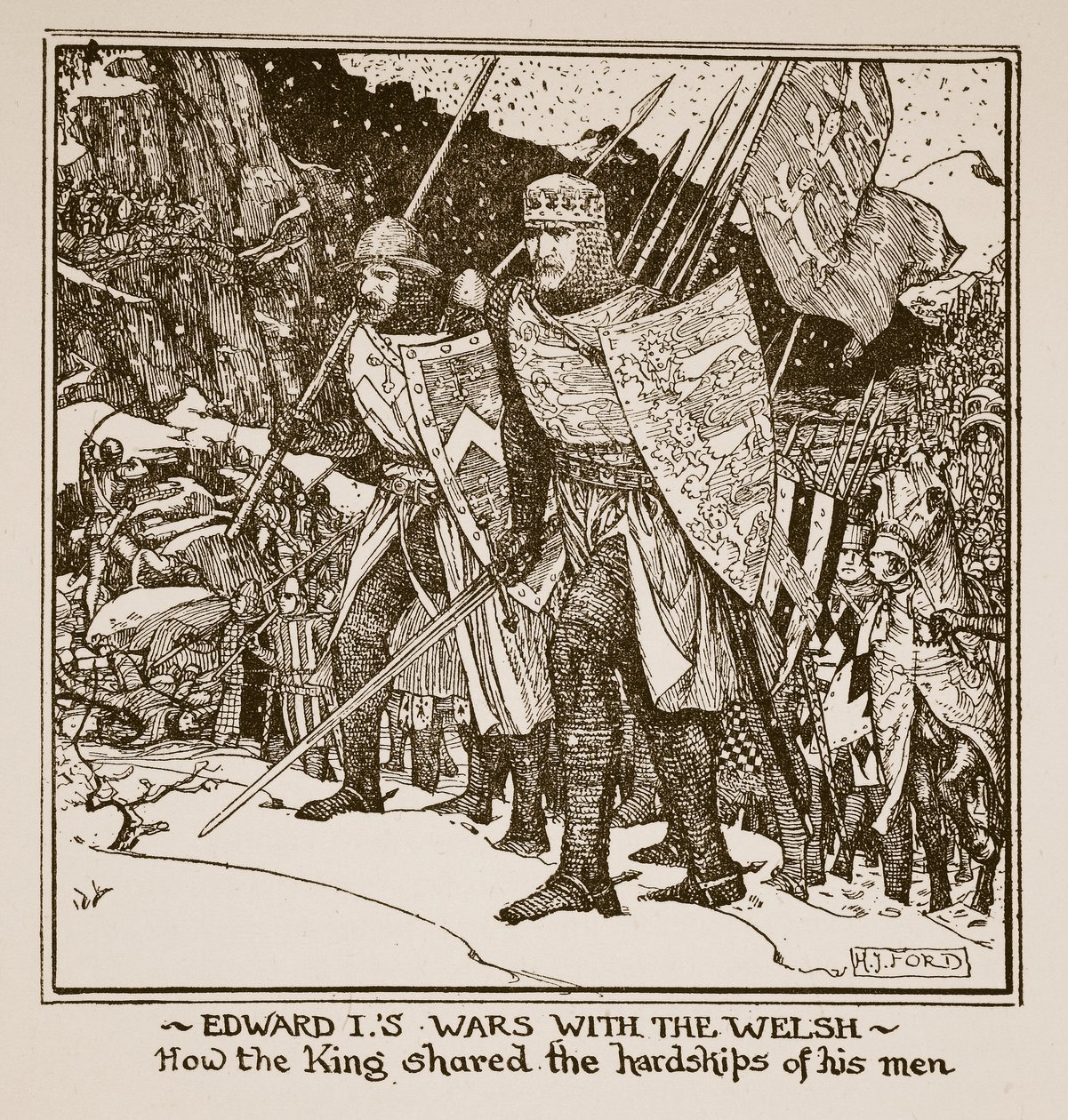 Wojny Edwarda I z Walijczykami – jak król podzielił trudy swoich ludzi, ilustracja z „Historii Anglii” autorstwa C.R.L. Fletcher i Rudyard Kipling, 1911 autorstwa Henry Justice Ford