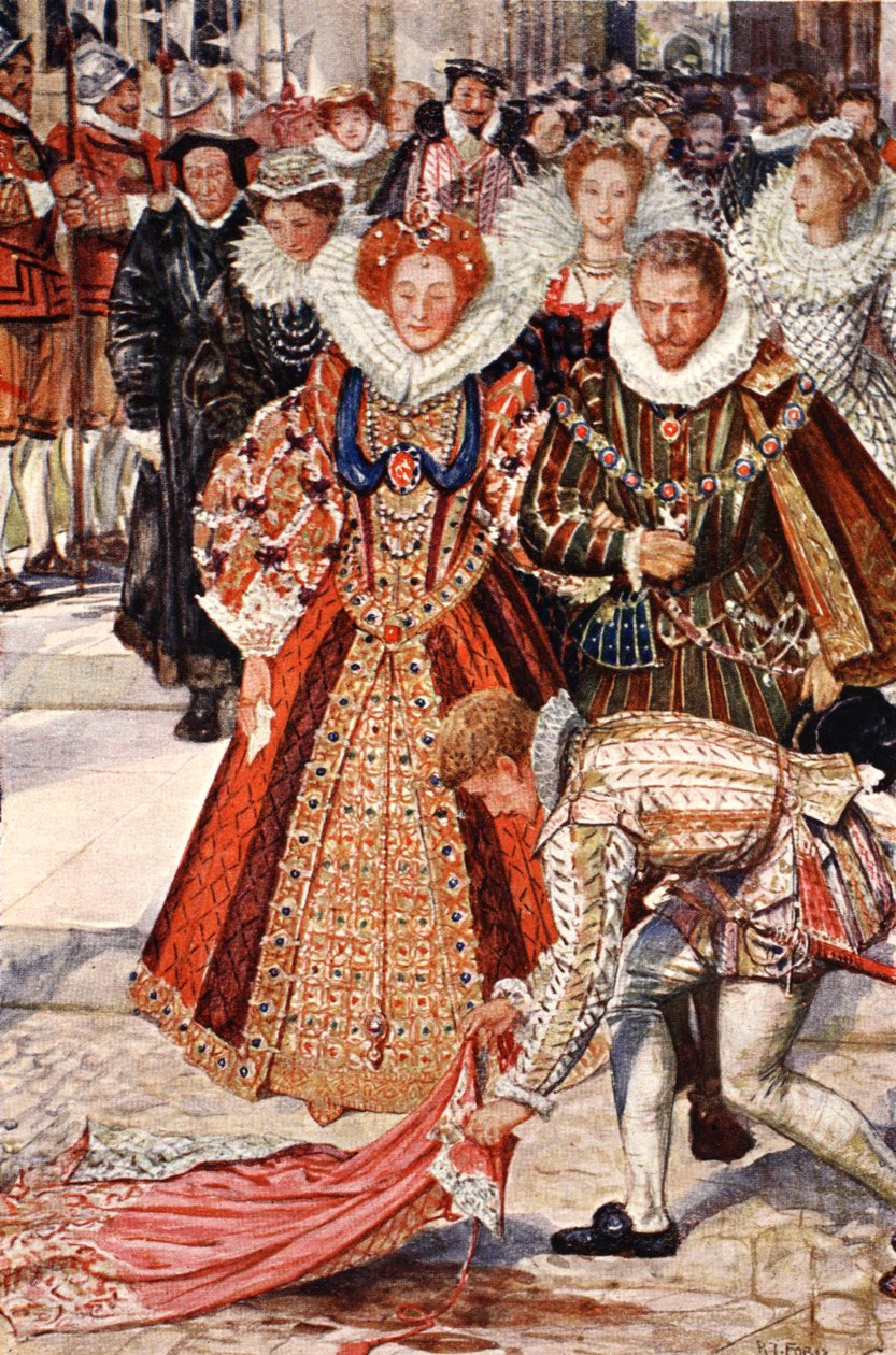 Walter Raleigh rzucający swój płaszcz dla królowej Elżbiety, ilustracja z "Kenilworth" Sir Waltera Scotta, opublikowana w 1912 r. autorstwa Henry Justice Ford