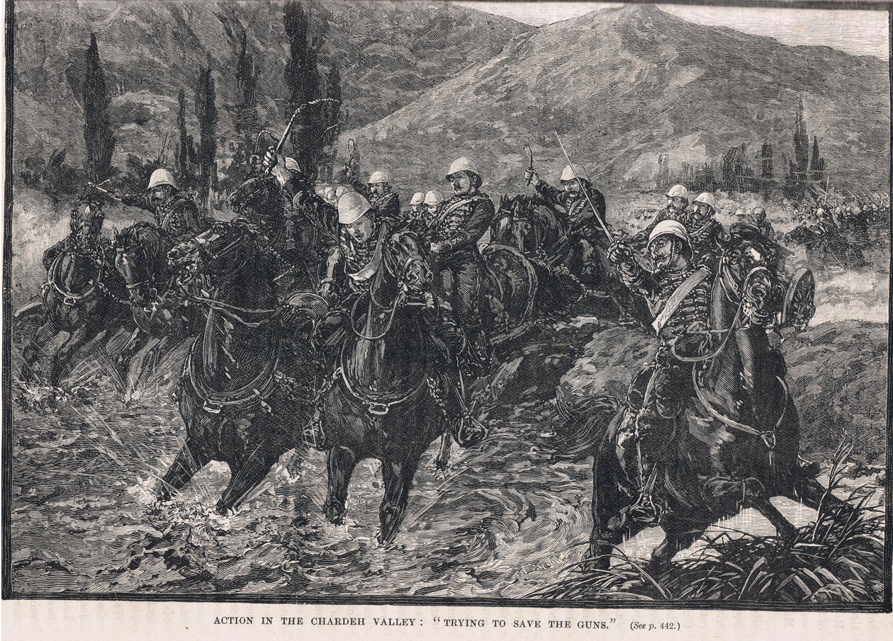 Akcja w dolinie Chardeh: „Próba ratowania broni”, ilustracja z „Ilustrowanej historii Anglii” Cassella, wydanej ok. 1910 r. autorstwa Henry Marriott Paget