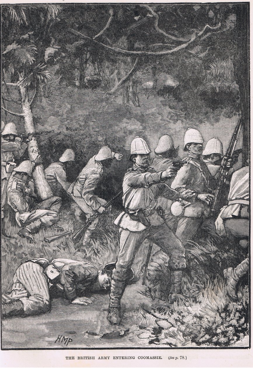 Armia brytyjska wkraczająca do Comassie, ilustracja z „Ilustrowanej historii Anglii” Cassella, opublikowanej ok. 1910 r. autorstwa Henry Marriott Paget
