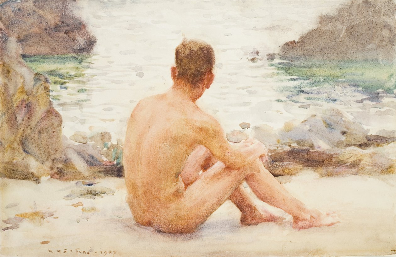 Charlie siedzący na piasku, 1907 autorstwa Henry Scott Tuke