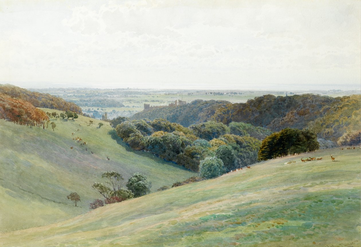 Zamek Arundel z Deer Park, Sussex, 1884 (wc na papierze) autorstwa Henry Sutton Palmer