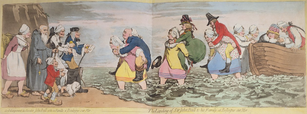 Le Debarquement du Chevalier John Bull i jego rodzina w Boulogne sur Mer lub The Landing of Sir John Bull und his Family at Bologne sur Mer, grawerowane przez Jamesa Gillraya (1756-1815) wydane przez Hannah H autorstwa Henry William Bunbury