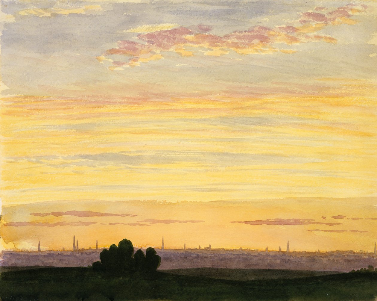 Miasto i zachód słońca, . autorstwa Henry Farrer