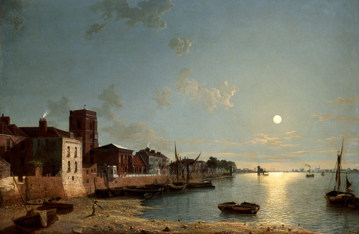 „Cheyne Walk in Chelsea, by Moonlight”, c1850 autorstwa Henry Pether